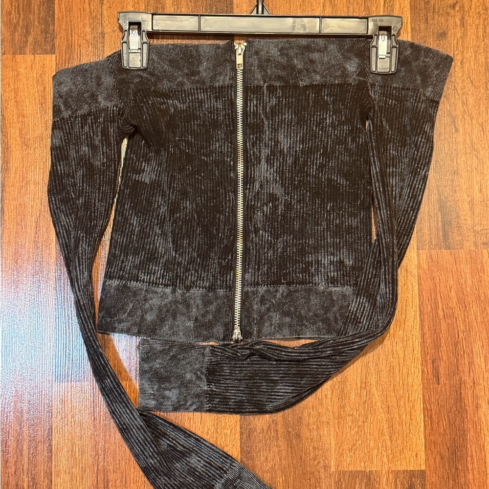 BDG Black Ribbed Zip-Front Off-Shoulder Top